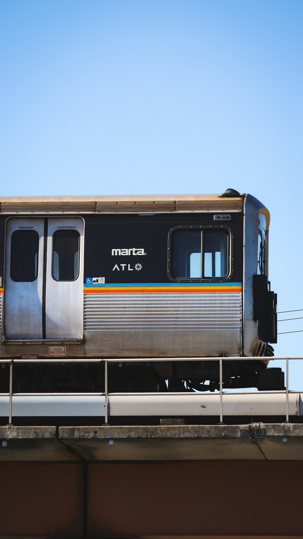 a silver train traveling over a bridge under a blue sky