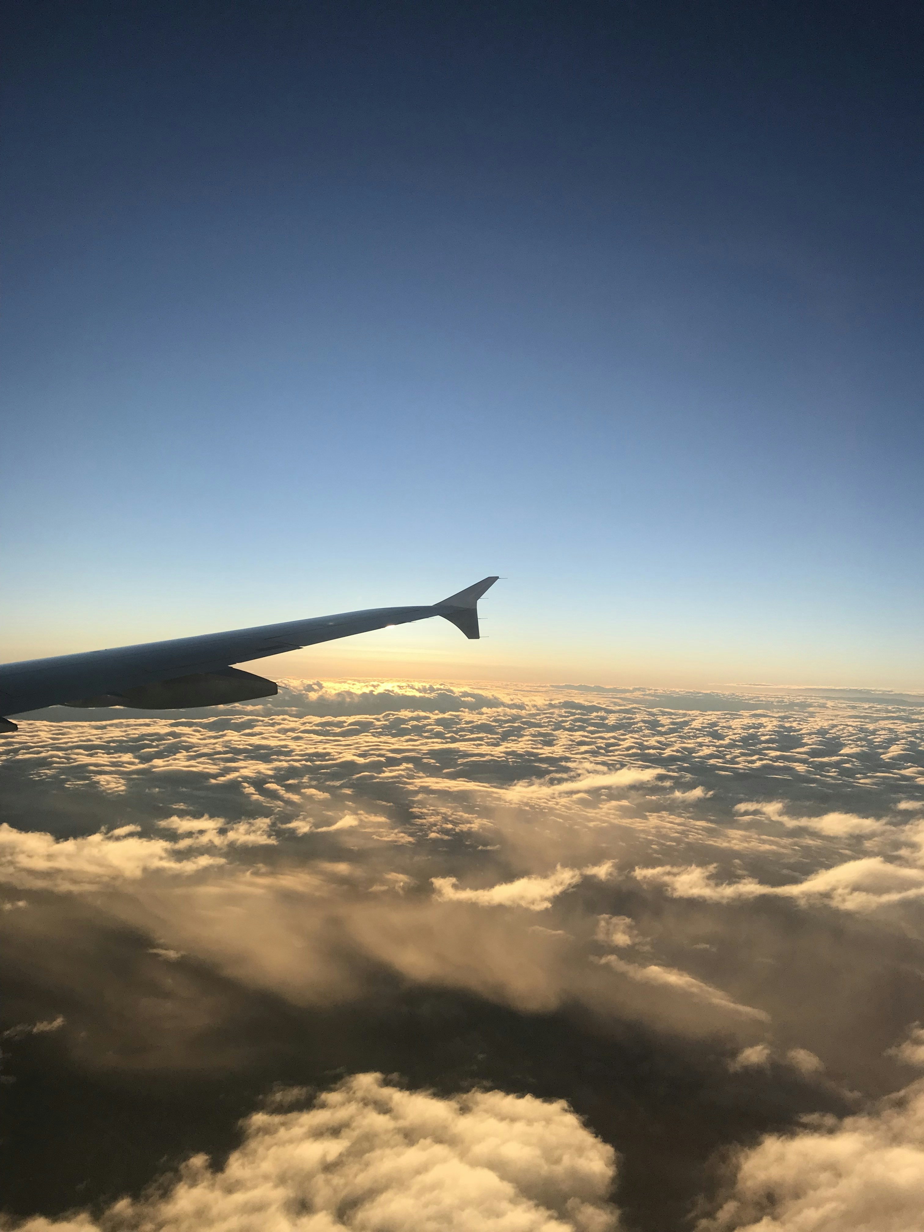 Avion en vol au-dessus des nuages blancs, ciel bleu lumineux, lumière du matin dorée
