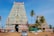 A large and intricately designed temple entrance with two towering gopurams adorned with colorful carvings and sculptures. The taller tower is on the left, featuring detailed artwork, including deities and ornamental motifs. Surrounding the temple are palm trees, adding to the serene atmosphere. People and vehicles are seen in the area, suggesting activity around the temple.