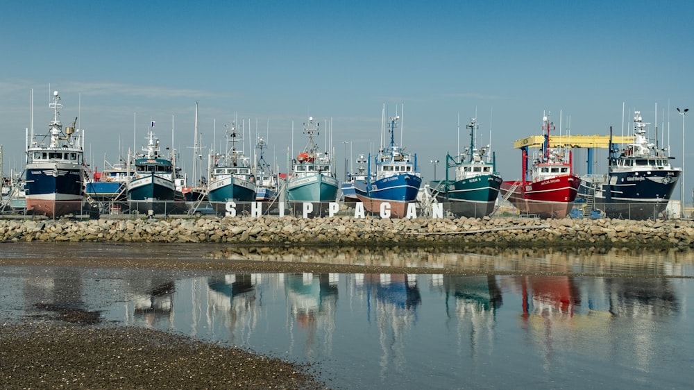 a group of boats are docked in a harbor