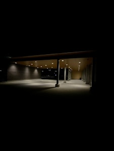 An empty, dimly lit covered area with overhead lights creating patches of illumination on the ground. A brick wall lines the left side, and there are support columns. The scene conveys a sense of solitude and quiet at night.
