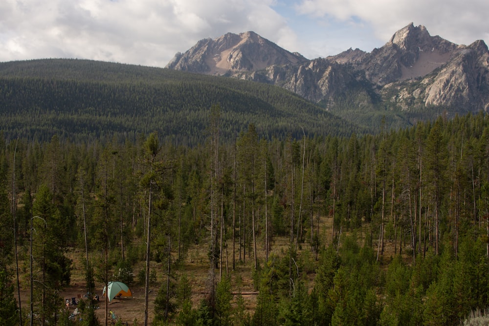 a tent in the middle of a forest with mountains in the background