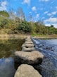 a rock lined path crosses a river in the woods