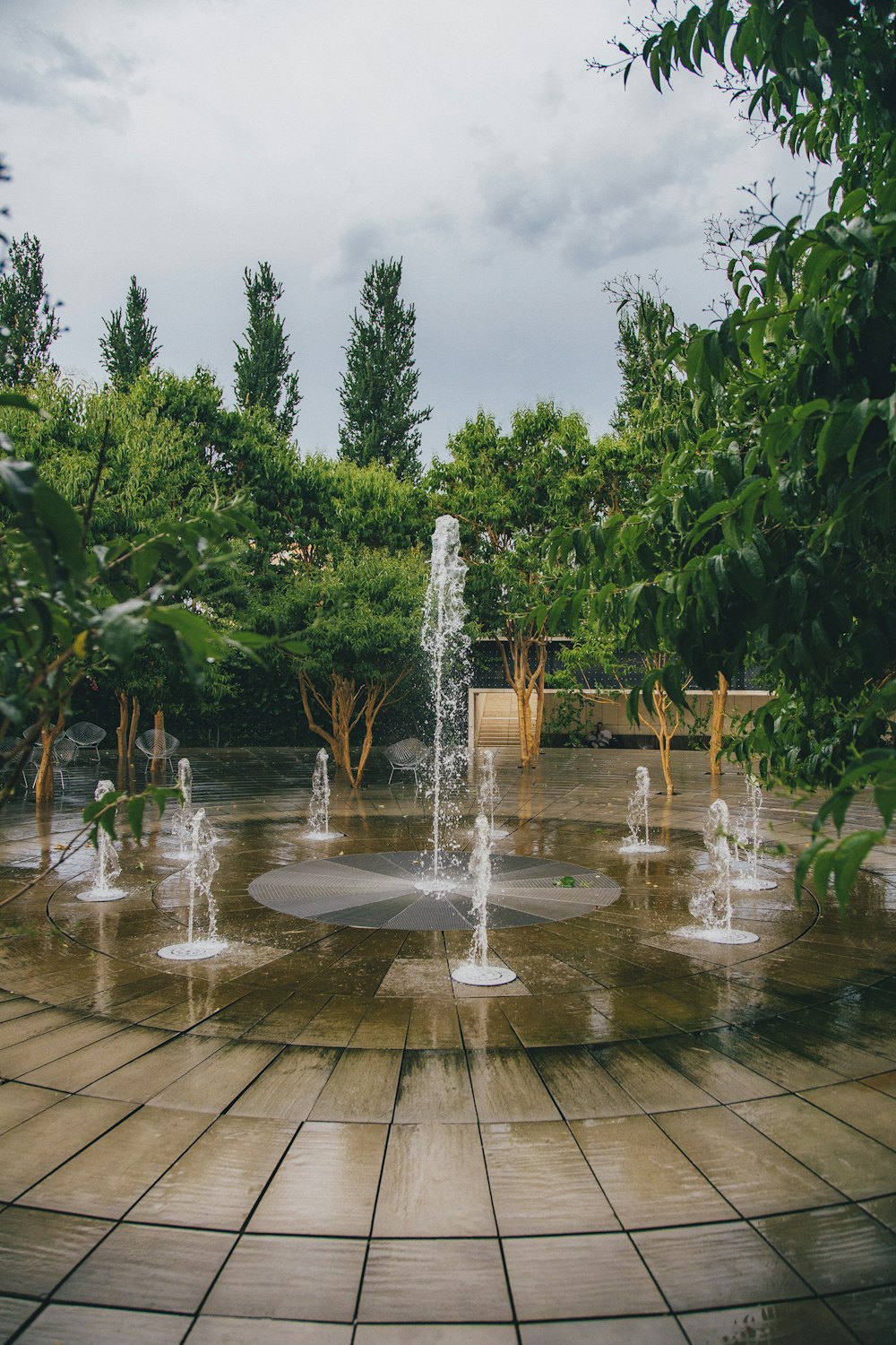 a fountain in a park surrounded by trees