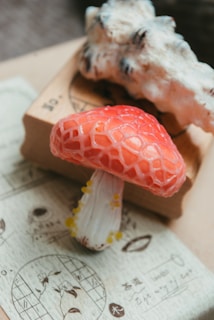 A close-up view of a bright red mushroom with a textured cap and a white stalk that has small yellow spots. The mushroom is placed on a piece of paper with various drawings and motifs. In the background, there is a natural-looking light brown stone or corroded object with dark accents.