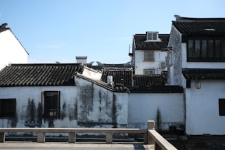 a white building with a black roof and windows