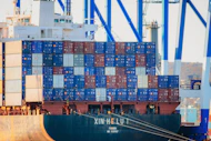 A cargo ship docked at Chennai port loaded with banana export containers.