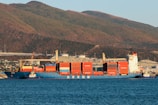 A navy blue and green branded shipping container being loaded onto a cargo ship at the port.