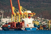 Large cranes with yellow and red structures dominate the port area. A container ship named 'NARA ISTANBUL' is docked, loaded with numerous colorful shipping containers. In the background, a hillside is dotted with small buildings, contrasting against the industrial scene.