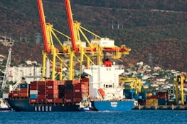 Large cranes with yellow and red structures dominate the port area. A container ship named 'NARA ISTANBUL' is docked, loaded with numerous colorful shipping containers. In the background, a hillside is dotted with small buildings, contrasting against the industrial scene.