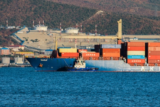 A large cargo ship loaded with numerous colorful containers is situated in the harbor. The ship is accompanied by a smaller tugboat that is positioned at its side. Behind the vessels, there is an industrial area with storage tanks, buildings, and infrastructure extending up a hillside. The clear blue water of the harbor contrasts with the backdrop of hills covered with greenery and a partially overcast sky.