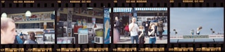 A series of film strip images featuring a colorful outdoor food stand with signs for soft ice cream and cotton candy. People are gathered around, some with food in hand. In the third frame, a family is enjoying ice cream cones in front of the stand. The last frame shows a rooftop sign for 'Paul's Daughter' with large, retro-style figures of a man and woman holding food items.