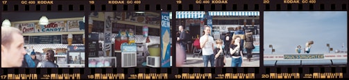 A series of film strip images featuring a colorful outdoor food stand with signs for soft ice cream and cotton candy. People are gathered around, some with food in hand. In the third frame, a family is enjoying ice cream cones in front of the stand. The last frame shows a rooftop sign for 'Paul's Daughter' with large, retro-style figures of a man and woman holding food items.