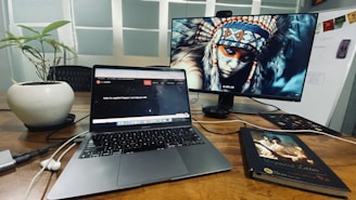 A workspace with a wooden desk featuring a laptop and an external monitor displaying a digital image of a person wearing a traditional headdress. There is also a potted plant and a closed book titled 'Unposted Letters' on the desk. Cables and a mouse are visible near the laptop, and there's a whiteboard in the background.