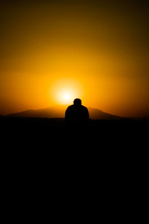 Silhouette of a lone warrior gazing at a fiery sunset over mountains.