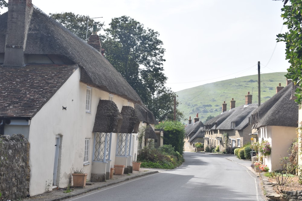 a street lined with houses with thatched roofs