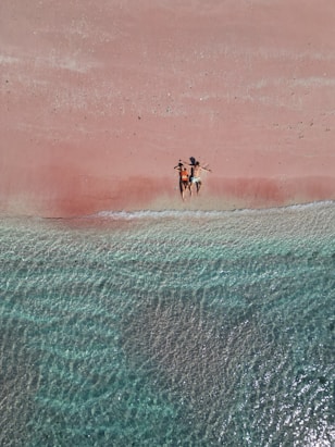 a couple of people riding horses on top of a beach
