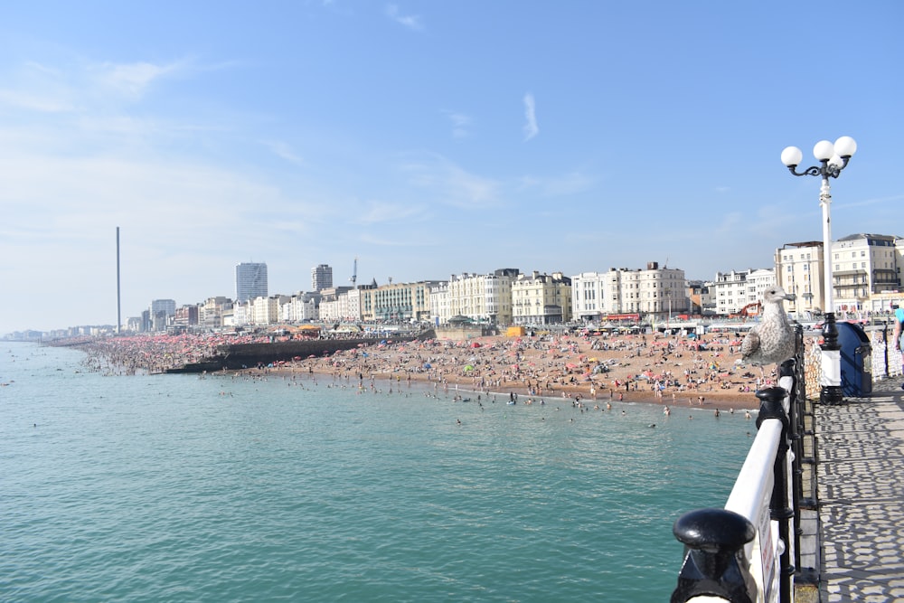 a view of a crowded beach from a pier