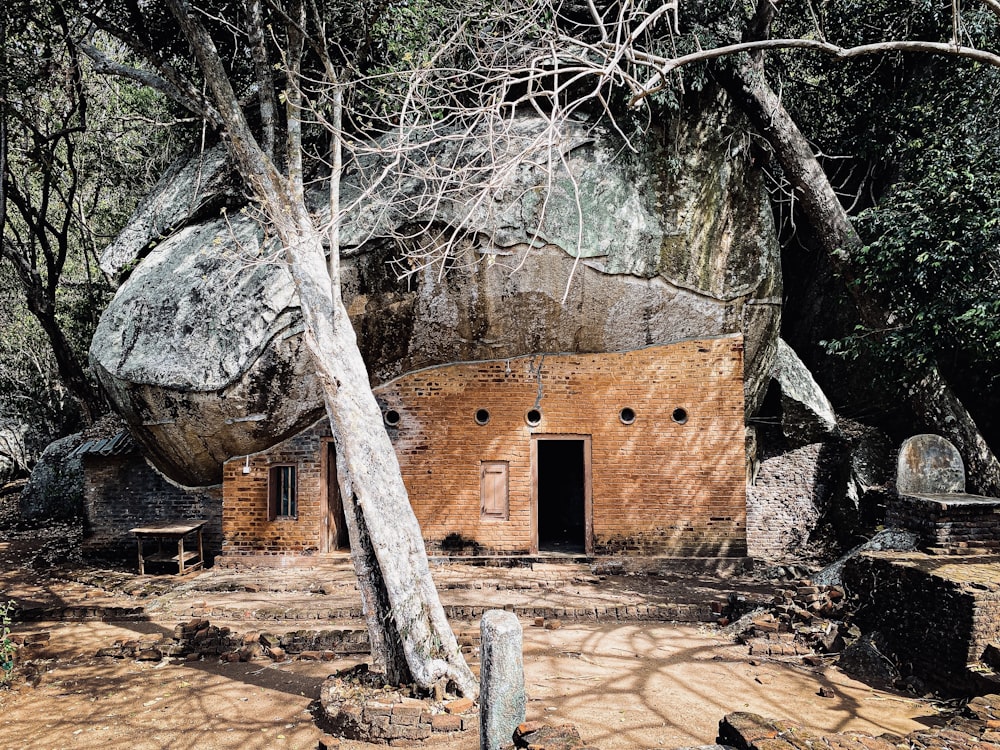 a stone building surrounded by trees in a forest