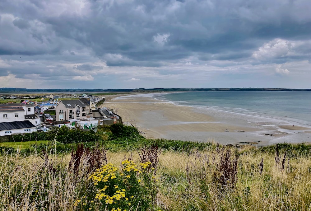 a view of a beach from a hill