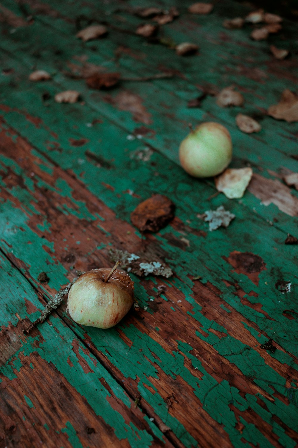 a couple of onions sitting on top of a wooden table