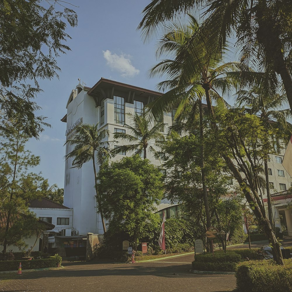 a tall white building surrounded by palm trees
