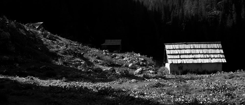 a black and white photo of a house on a hill