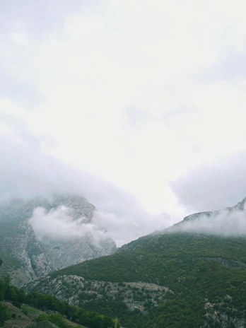 A scenic shot of a serene mountain landscape near Zhangjiajie with mist rolling over the peaks.
