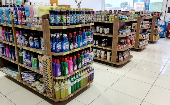 Several shelves are filled with various cleaning products, snacks, and household items. The floor is tiled, and there is ample lighting coming through the store. Each shelf is well-organized with items neatly stacked and price tags visible.