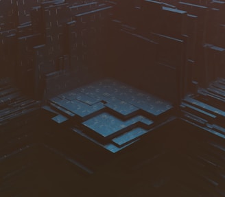 Dark cosmic landscape with abstract metallic structures and deep space elements