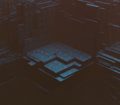 A dark, abstract digital landscape with layered, geometric structures resembling a futuristic, industrial complex. The scene gives a sense of depth and complexity, with varying levels of platforms and shadowy areas.