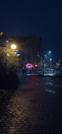 A dimly lit urban street at night with wet cobblestones reflecting neon lights.