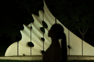 A modern abstract sculpture with curved and angular shapes, made of a light material, is set against a dark night background. The silhouette of a person appears in the foreground, adding a mysterious element to the scene.