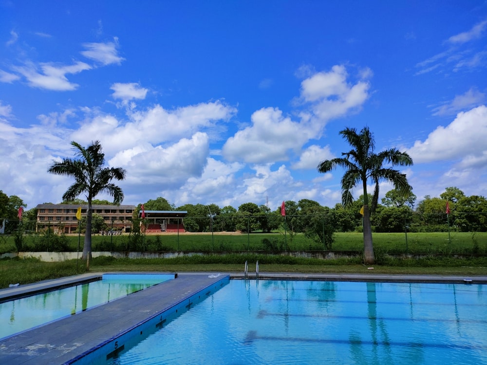 a large swimming pool surrounded by palm trees