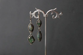 A pair of sparkling silver earrings with delicate gemstone accents displayed on a wooden stand.