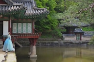 a woman in a blue dress standing in front of a pond