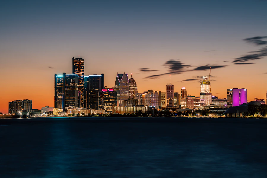 Downtown Detroit skyline at dusk with the Renaissance Center, where Bugged.com performs confidential corporate TSCM bug sweeps