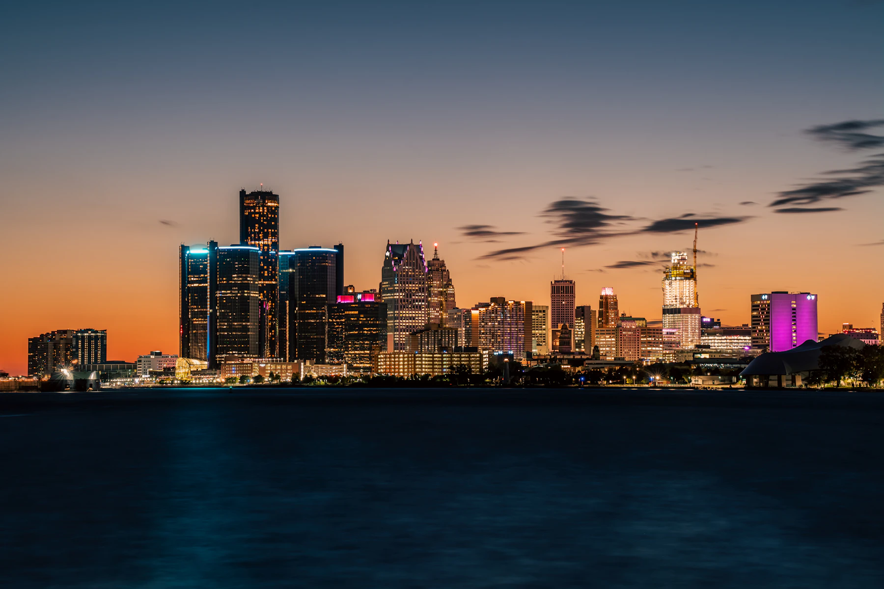 Contemporary Detroit skyline across the river at blue hour