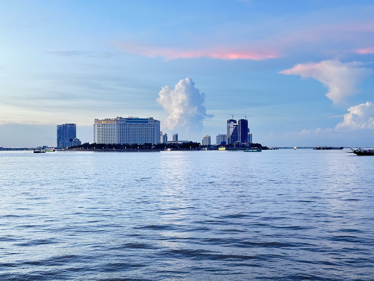 Choeung Ek area Phnom Penh — serene waterfront view of the Cambodian capital from the quiet southern suburbs near the Killing Fields memorial