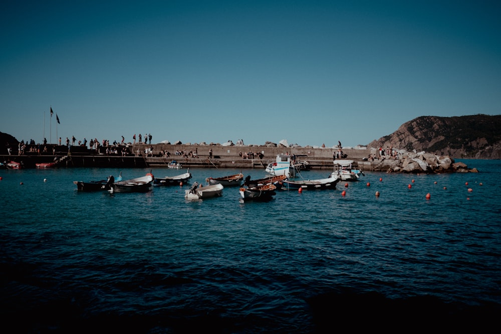 a group of boats floating on top of a body of water