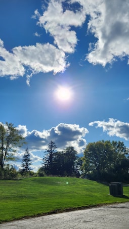 The image captures a bright sunny day with a clear blue sky and fluffy white clouds scattered across. The sun is shining brightly above, casting light on a scenic landscape featuring a lush green lawn bordered by tall trees. In the foreground, a paved pathway runs along the edge of the grassy area.