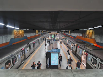 A bustling Seoul subway platform with sleek trains and commuters immersed in their journeys.