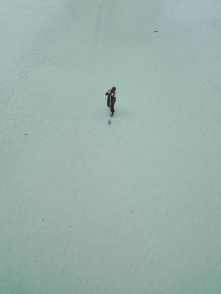 a person walking across a snow covered field