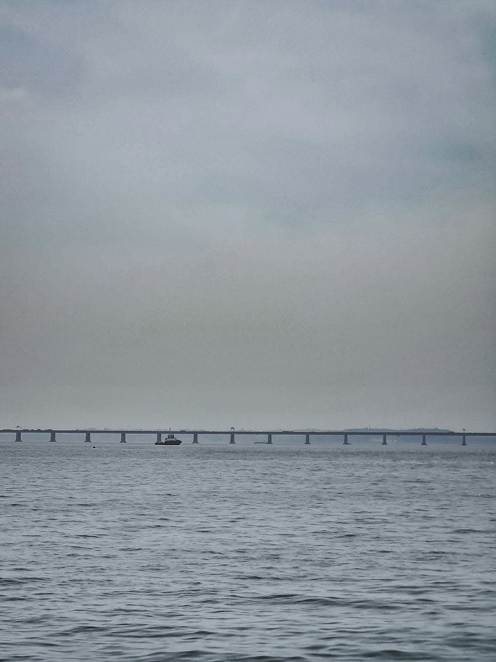 a large body of water with a bridge in the background