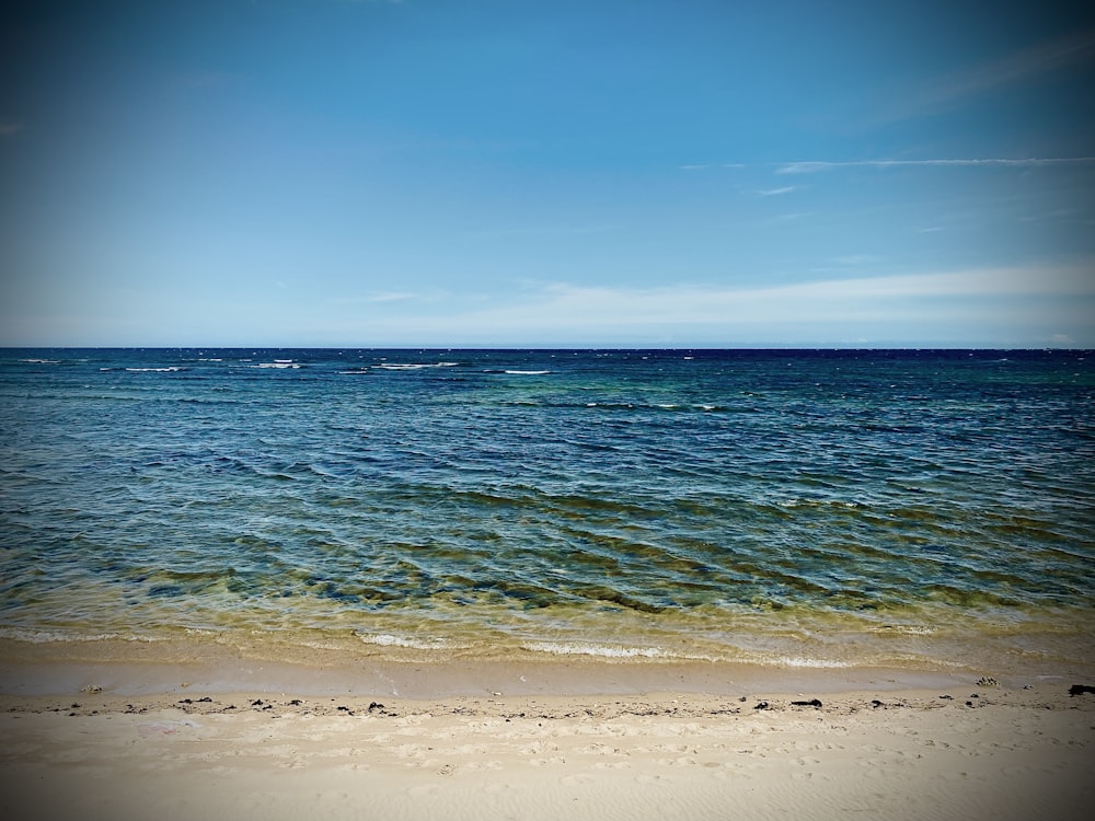 a sandy beach next to the ocean under a blue sky