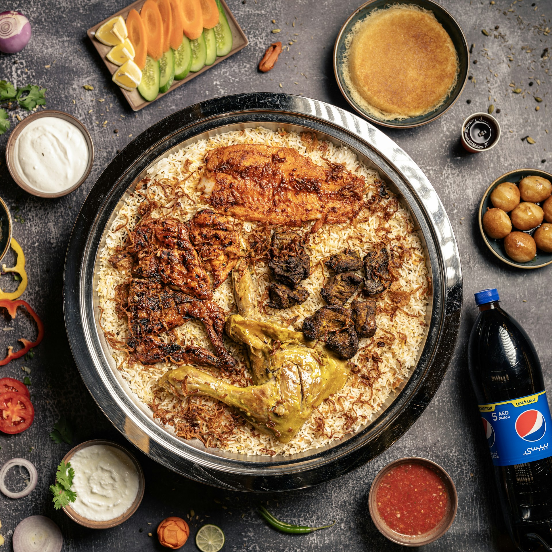 a plate of food with a variety of sauces and condiments