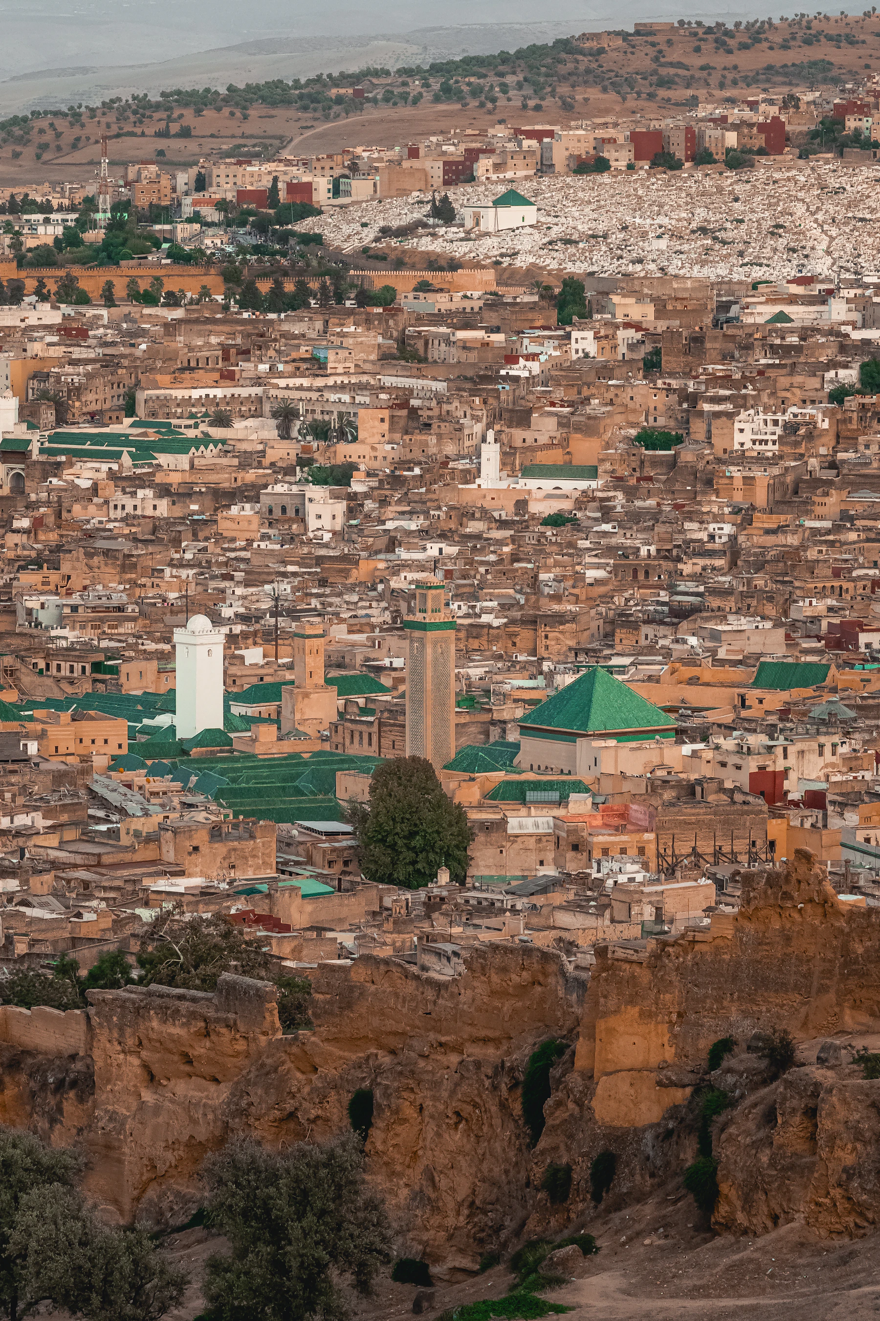 Rooftops and green-tiled minarets of the Fès medina