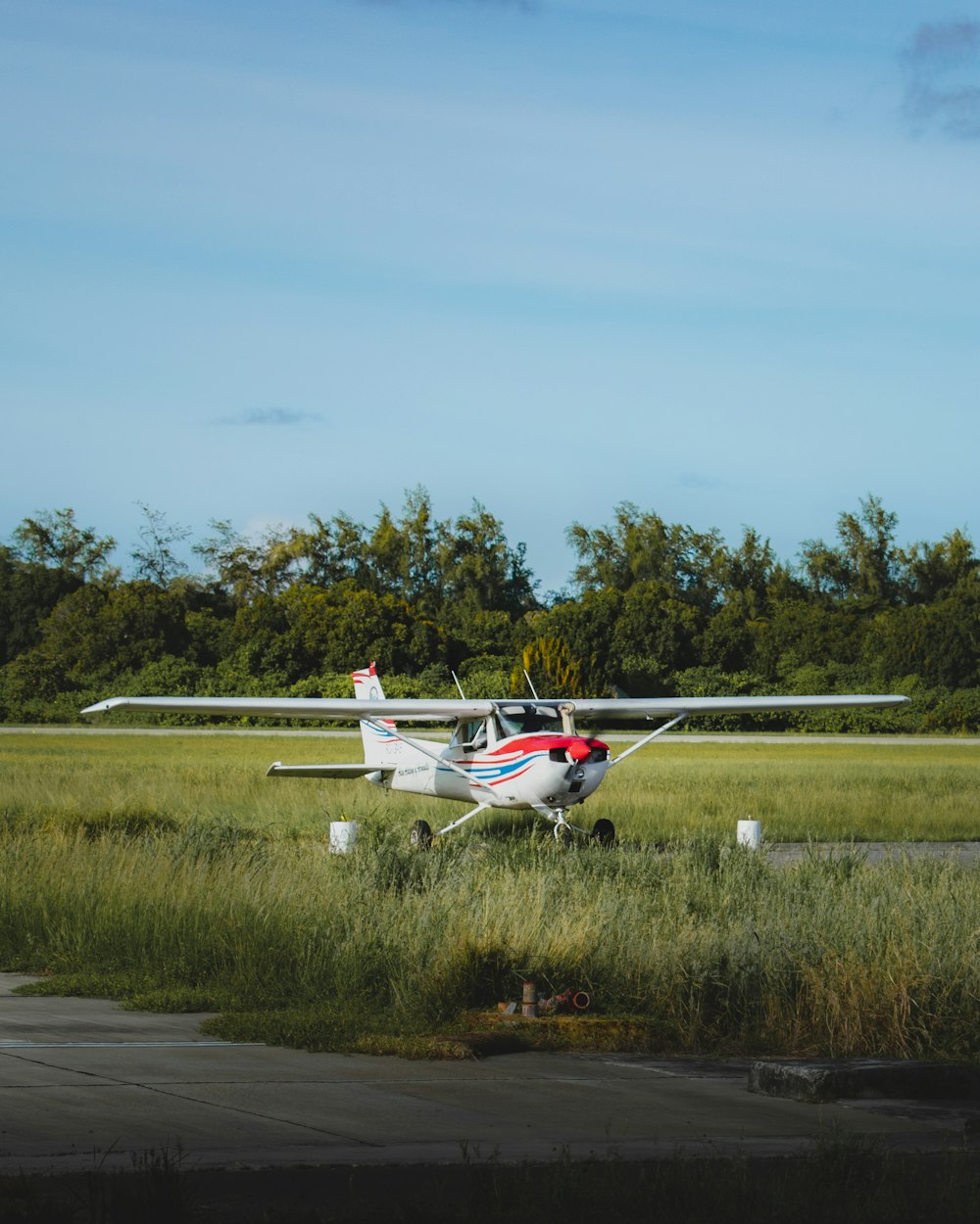 a small plane sitting on top of a lush green field