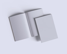 Three plain books are arranged on a light gray background. Two are closed, and one is open in the center, displaying blank pages.