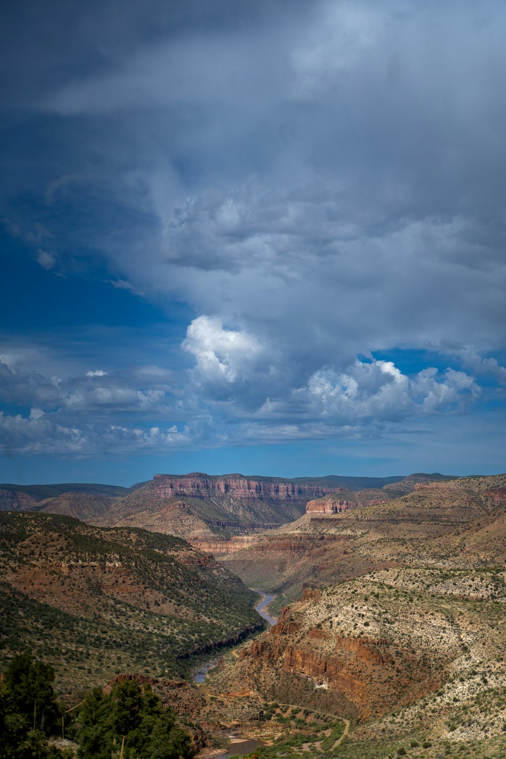 a scenic view of a river and mountains under a cloudy sky